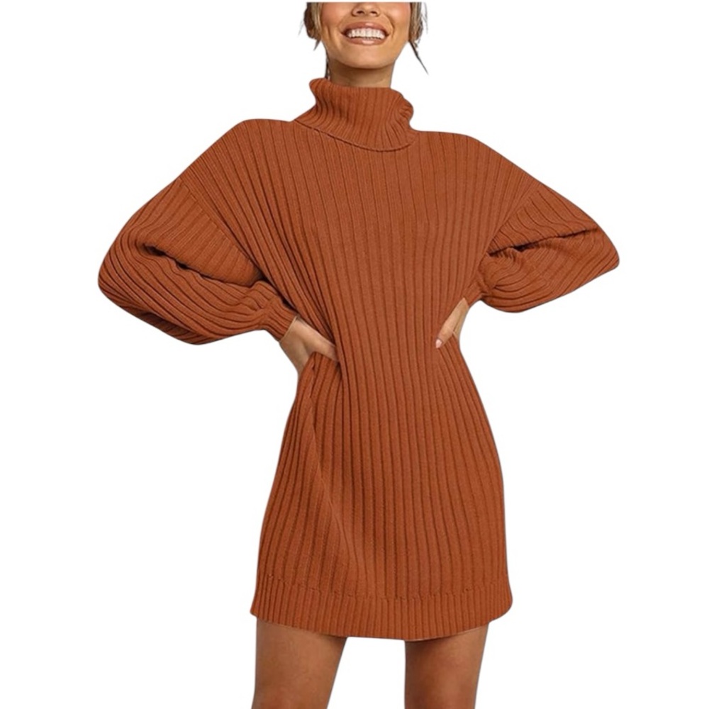 Boutique Terracotta Ribbed Turtleneck Oversized Sweater Dress Size Large